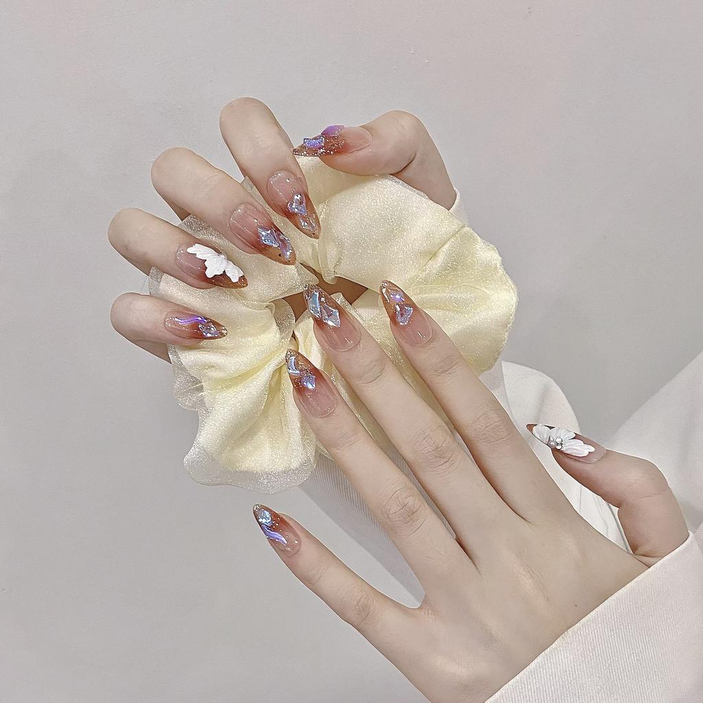 10Pcs Almond Shape Rhinestone Fake Nails with Aurora Blush Design for Women