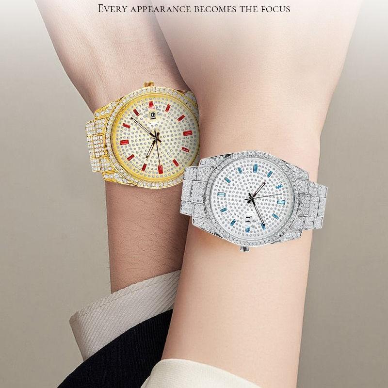 Iced Out Full Diamond Watch for Men Women Luxury Bling Rhinestone Quartz Watch with Date Luminous Hands Waterproof Analog Wrist Watch