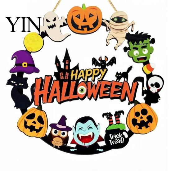 Fall Front Porch Signs Halloween Wooden Wreath Door Hanger Sign, Pumpkin Ghost Black Cat Witch Ornaments Bat Patterns, Hanging Plaque for Farmhouse