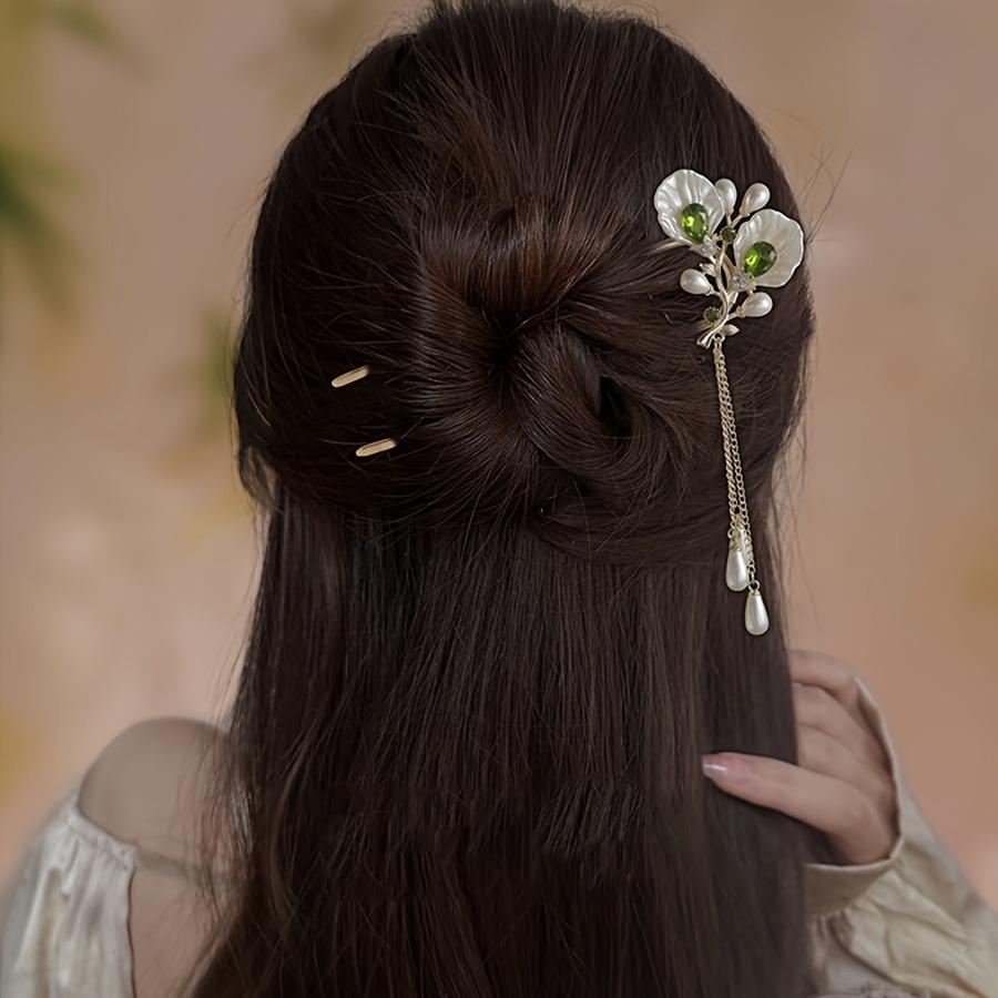 Flower hairpin, pearl and green bead tassel hair accessory, exquisite new Chinese style hair accessory hairpin