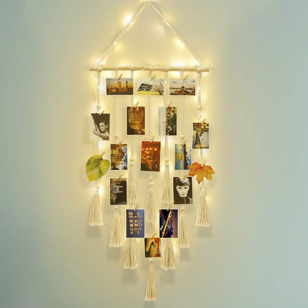Bohemian Lace Wall Hanging Photo Display with Lights and Clips for Bedroom Decoration