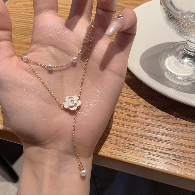 New Fashion Unique Design Elegant Exquisite Double Tassel Pearl Camellia Necklace Women Jewelry Party Premium Gift onesize