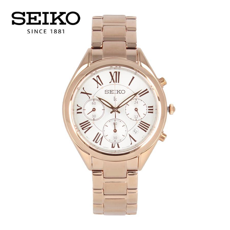 SEIKO SRWZ14P1 SRWZ14P LUKIA Chronograph Lumi Bright Date Elegance White Pink Gold Stainless Wrist Watch For Women