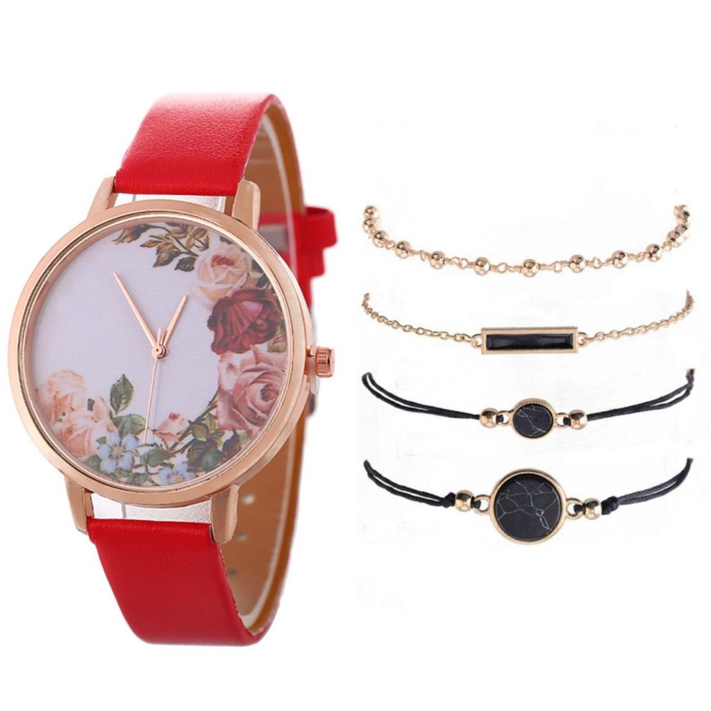 Stylish And Simple Rose Face Leather Belt Watch Female Pu Belt Quartz Lady Watch Watch Bracelet Set Female