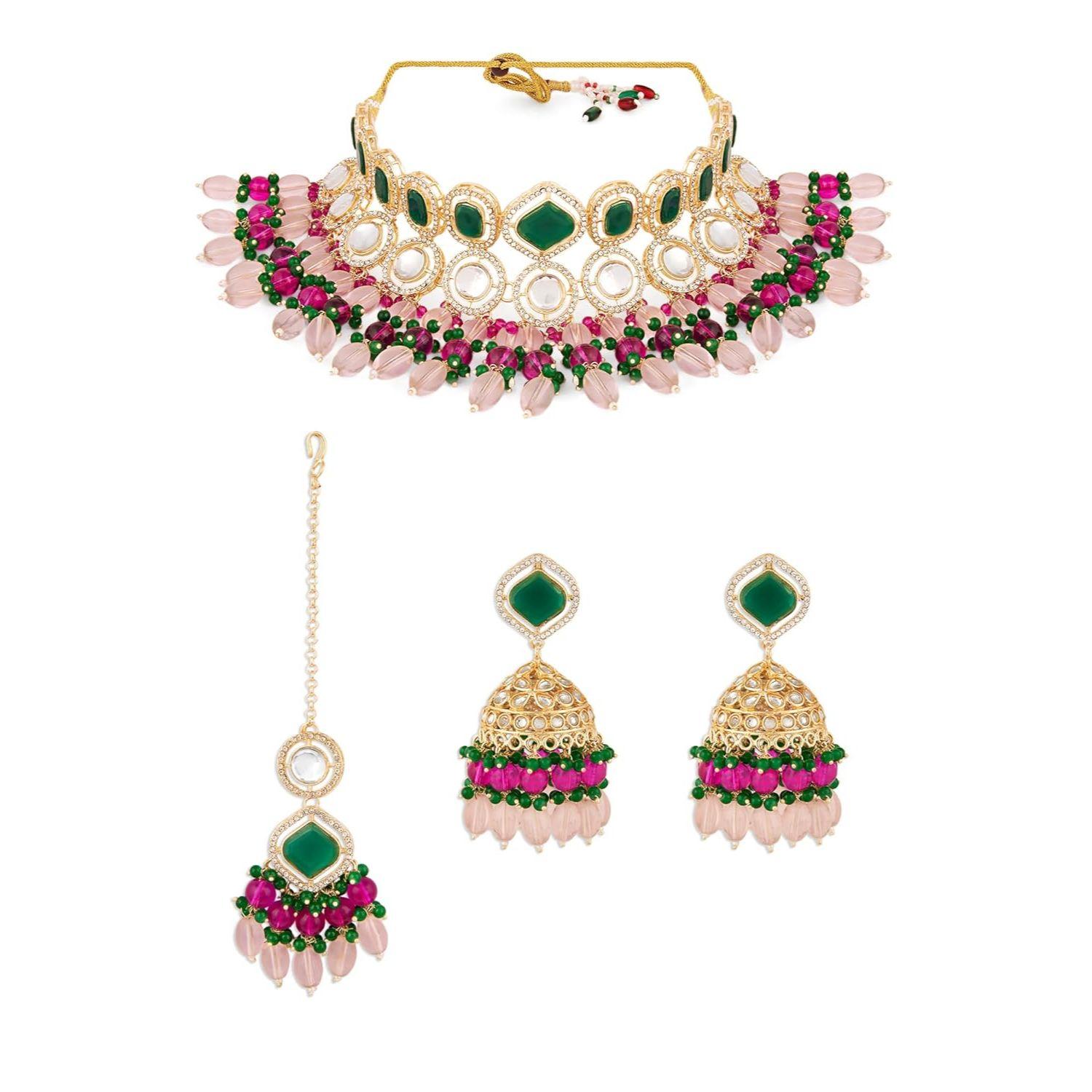 

Pink Green Stones Beads Austrian Diamonds Choker Necklace Earring & Maangtikka Set For Women
