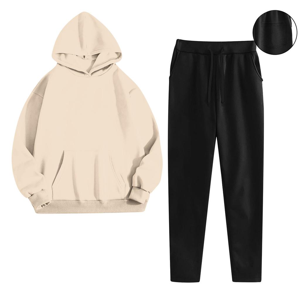 Women's Fashionable Relaxed-Fit Hooded Sweatshirt With Pockets And Fleece-Lined Trousers Set