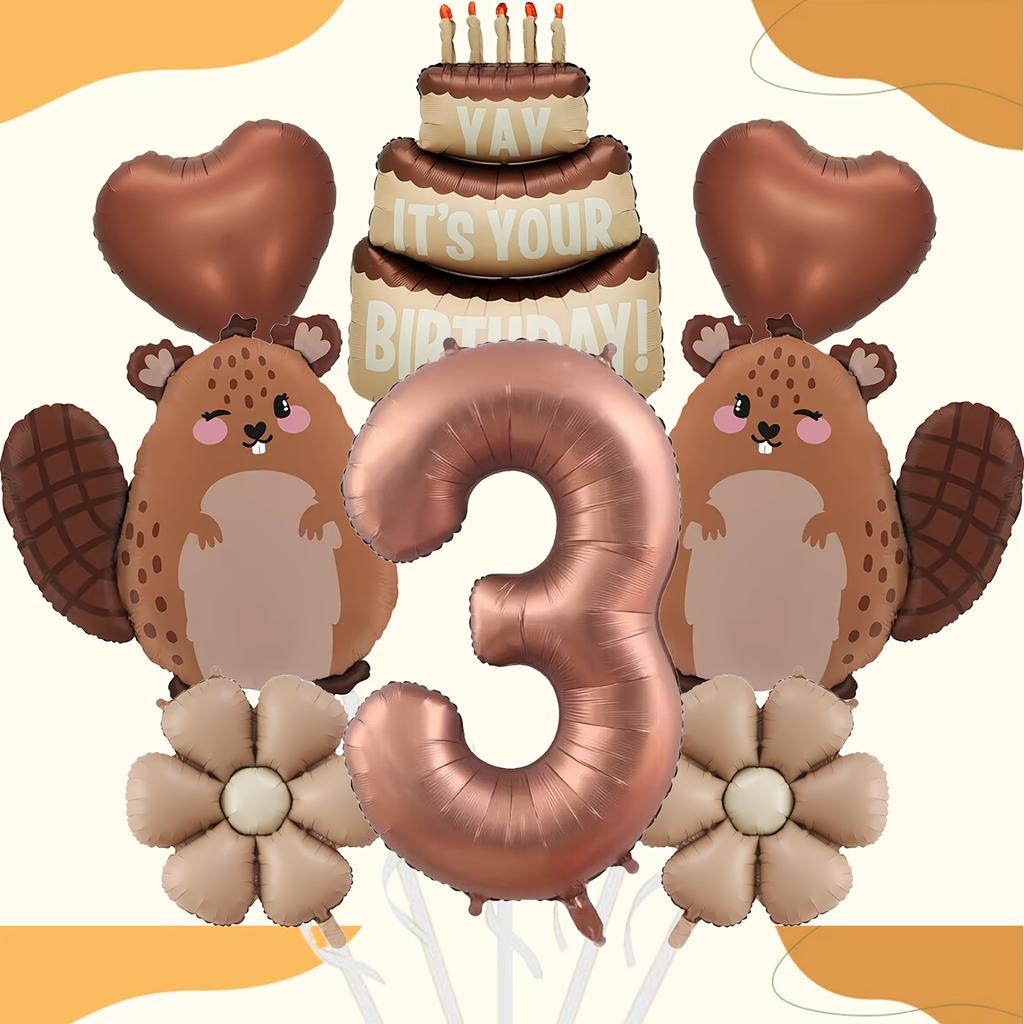 8pcs Cute Beaver Cake Daisy Love Chocolate Number 1-9 Balloon Set Birthday Party Animal Theme Set Baby Shower Globos