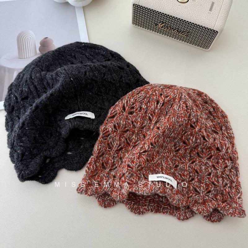 100% All-wool Crochet Knitted Hat, Women's Hollow Lace Niche Design Bag Head Wool Hat