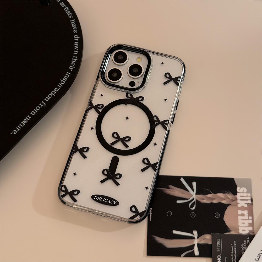 Black Bow Magnetic Suction Case 15Promax Transparent IPhone Case 14 Suitable for 13 Advanced 12 Bracket 16