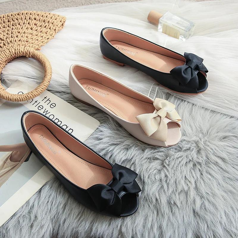Summer New Women Shoes Leather Peep-toe Sandals Casual Bowknot Boat Shoes Fashion Slip-on Loafers