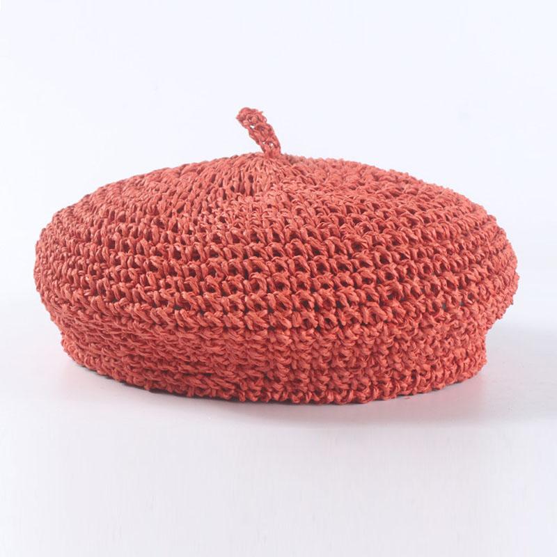

New fashion berets adjustable straw beret women straw hat Ladies Flat Solid Cap French Style Hand Hook Papyrus Beret Hat помаранчевий