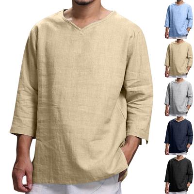 Men's Three-Quarter Sleeve V-Neck Cotton Linen Loose Fit Casual Shirt