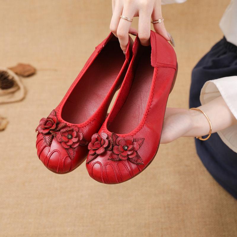 New Real Cow Leather Ballet Flats Woman Slim Foot Shoes Ladies Vintage Floral Moccasins Woman Luxury Flattie Beige Slip On Shoes