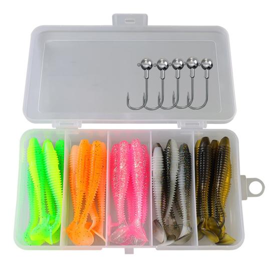 31Pcs/Box 5.5/6.5/7.5CM Soft Fishing Lure Hooks T-shaped 5 Jig Head Kit with Paddle Tail Colorful
