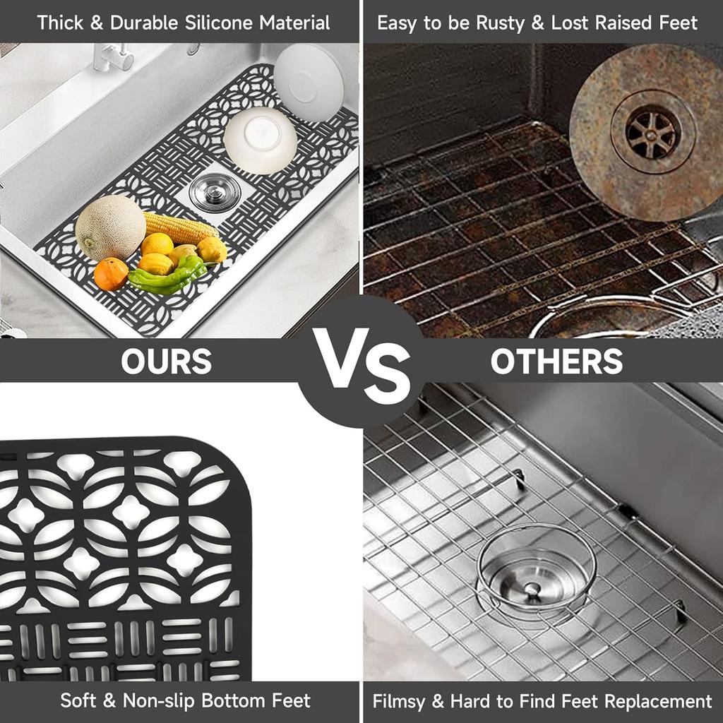 Kitchen Sink Mats Silicone Sink Mat Protectors for Bottom of Kitchen Sink 26 "x 13.78" Non-Slip Sink Protectors with Cutout Drain Holes for Farmhouse