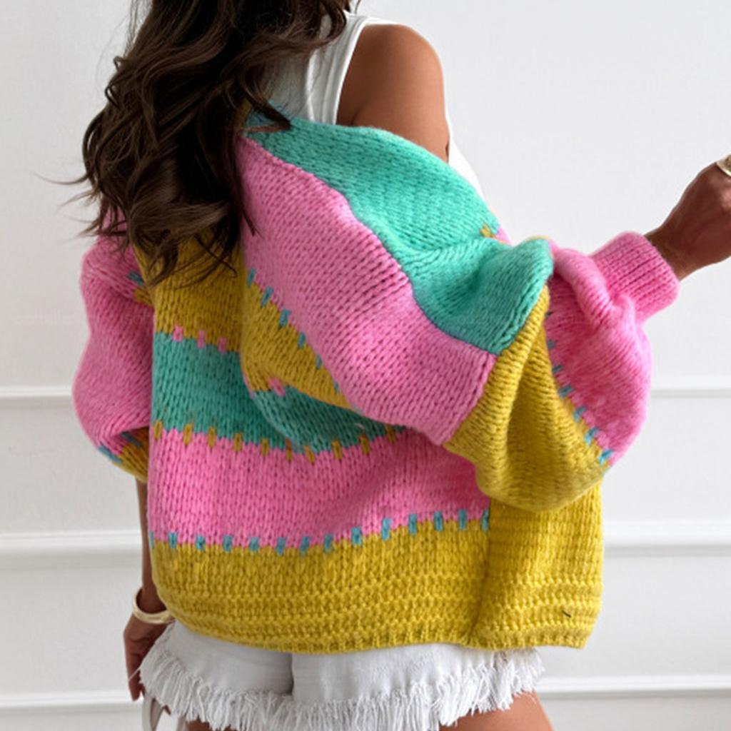 Women's Knitted Cardigan Sweater Autumn Winter Versatile V-neck Rainbow Color Matching Knitted Long-sleeve Sweaters Jacket Women
