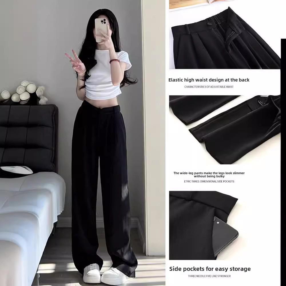 2024 Women's High-Waist Black Wide-Leg Suit Pants—Slim, Casual, High-Grade Drape for Spring