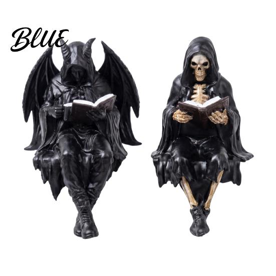 Gothic Bookshelf Accessory Resin Sculpture Book Figurine Skeleton Halloween Reading Spooky Devil Statue Black Robe Grim Reaper for Home