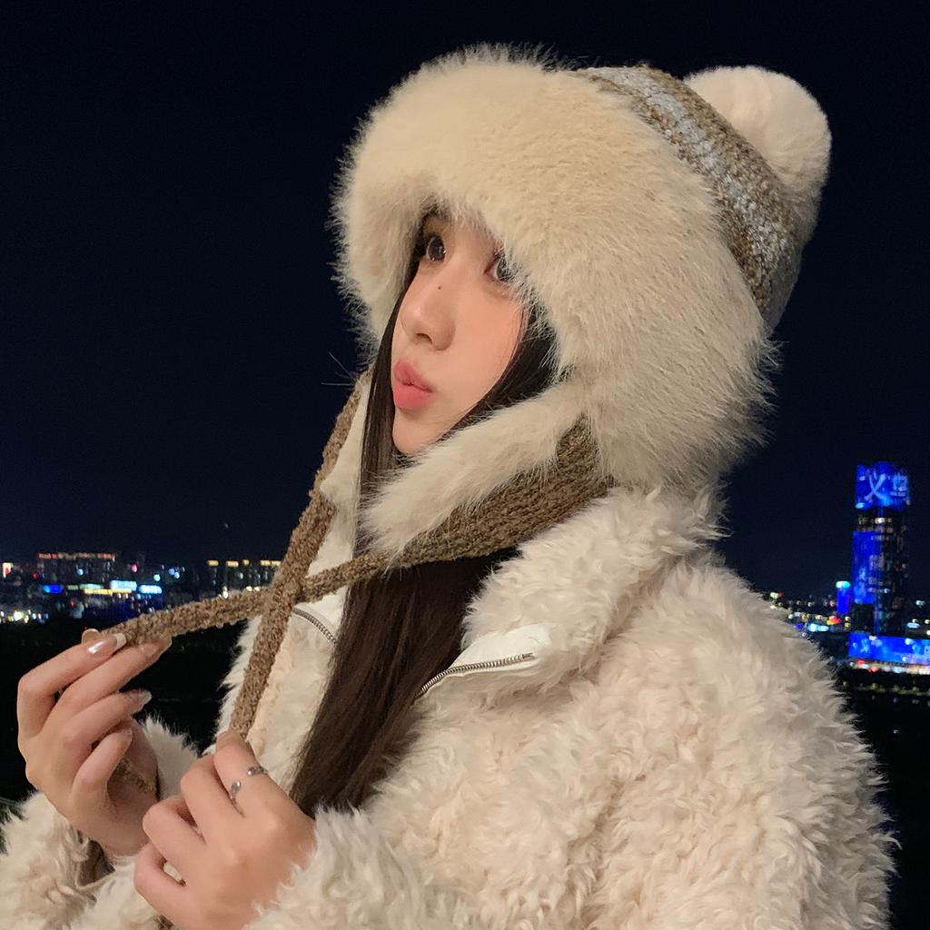 Plush Lei Feng Hat Women's Winter Thickened Warm Knitted Wool Hat Riding Ear Protection Cold Hat