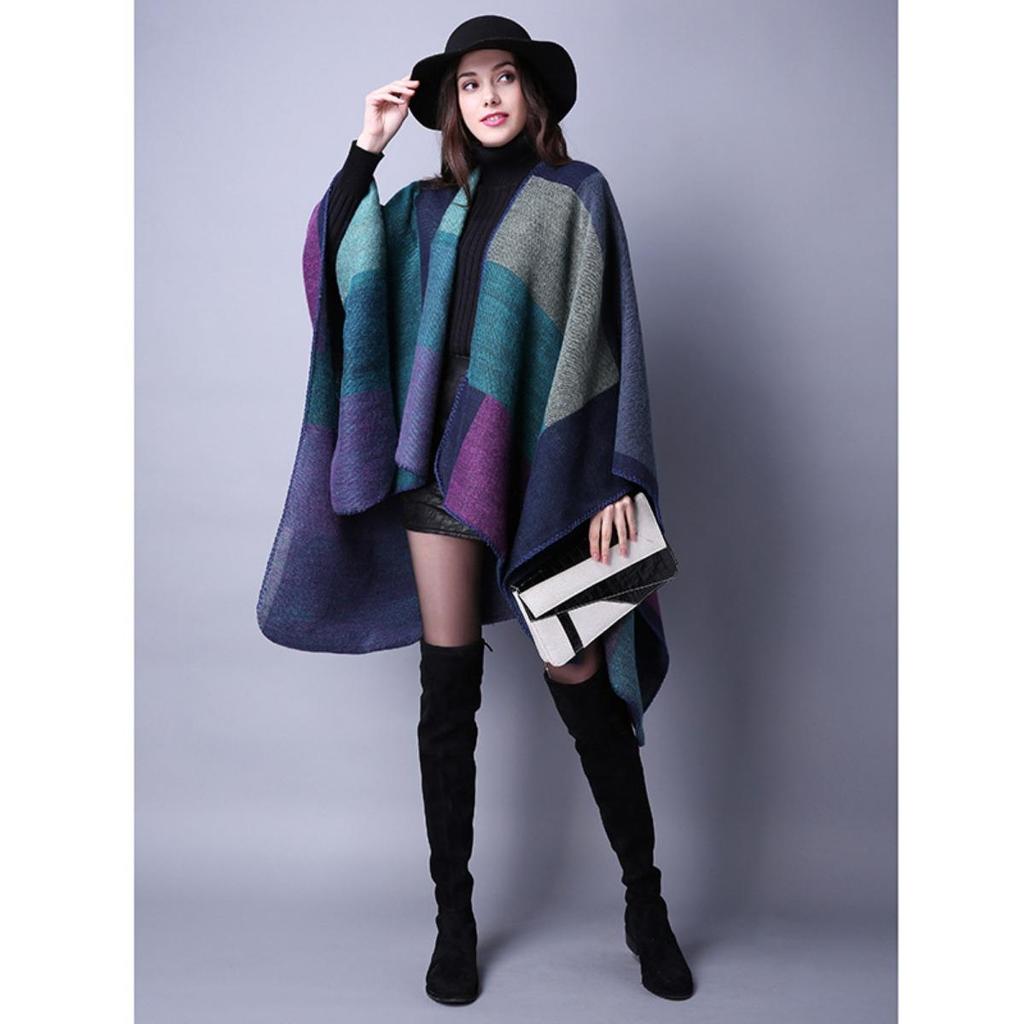 Sciarpa Autunnale e Invernale, Scialle da Viaggio Versatile a Quadri da Donna, Mantello Spaccato Spesso Etnico in Imitazione Cashmere