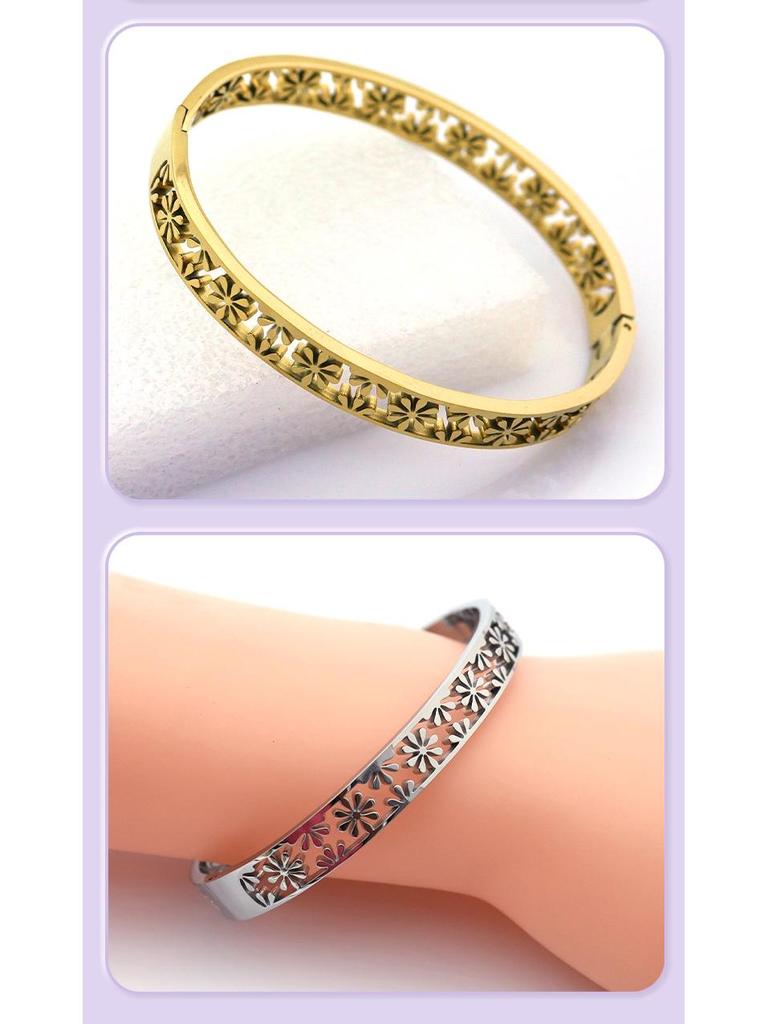 Edelstahl Schneeflocken Armreif: Weihnachten und Neujahr Offener Armreif aus Silber oder vergoldetem Titanstahl.