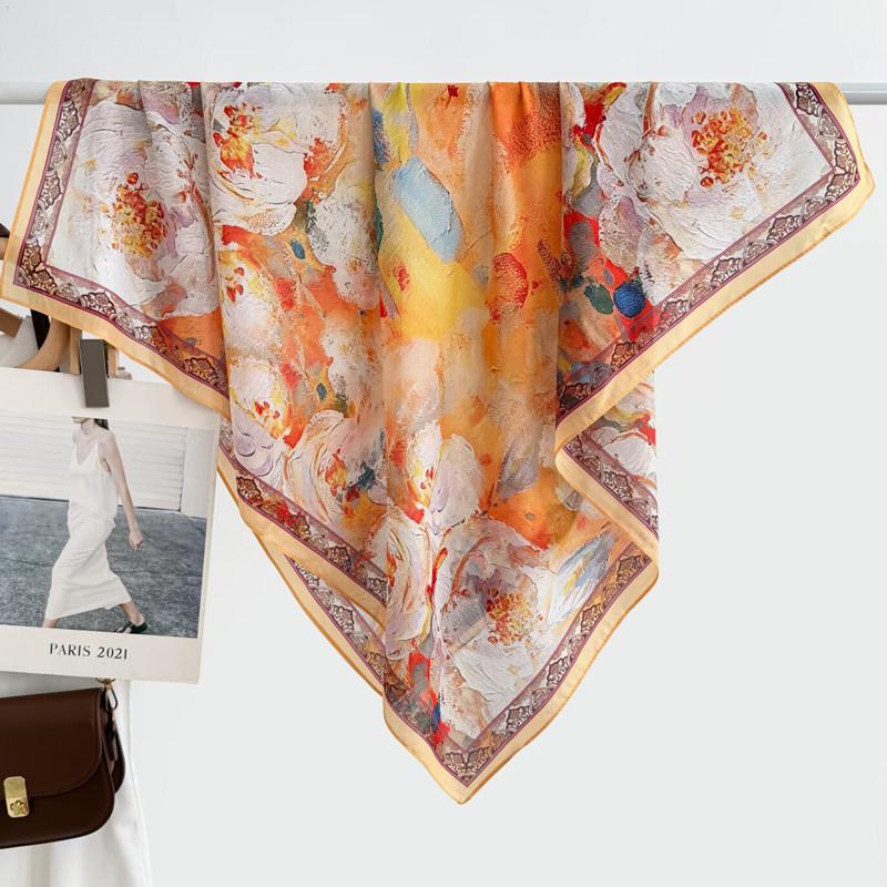 Atmosphere Blue Cashew Flower Silk Scarf 91 Series Neck Large Square Scarf Women's Scarf Seaside Baotou Scarf Sunscreen Shawl