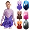 Kids Girls Figure Skating Dance Dresses Mock Neck Long Sleeve Color Block Sheer Mesh Patchwork Shiny Rhinestones Dress
