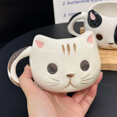 Cartoon Cat Shaped Ceramic Mug Creative Hand Drawn Pattern Coffee Mug Afternoon Tea Beverage Cup Milk Cup Household Products