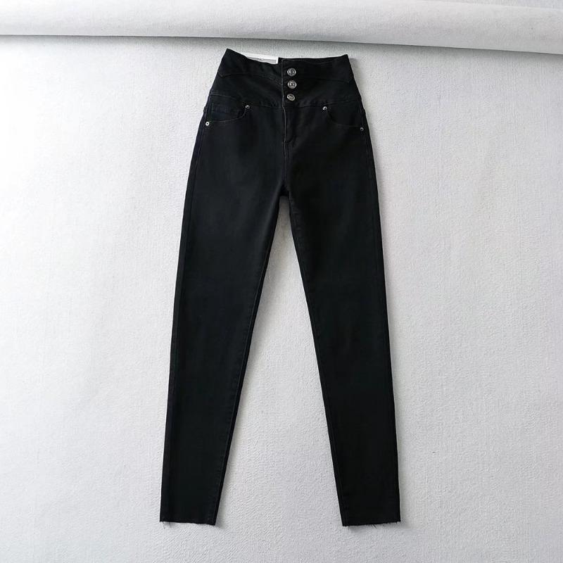 Autumn 2023 High-Waisted Three-Button Skinny Jeans for Women - Solid Color, Stretchy, Slimming Pencil Pants Medium чёрный