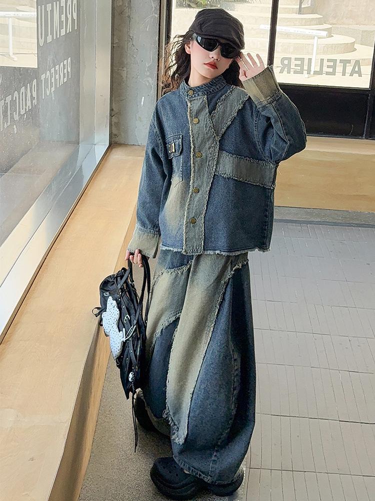 2025 Girls' Autumn Streetwear Outfit: Distressed Denim Jacket & Scimitar Pants Set