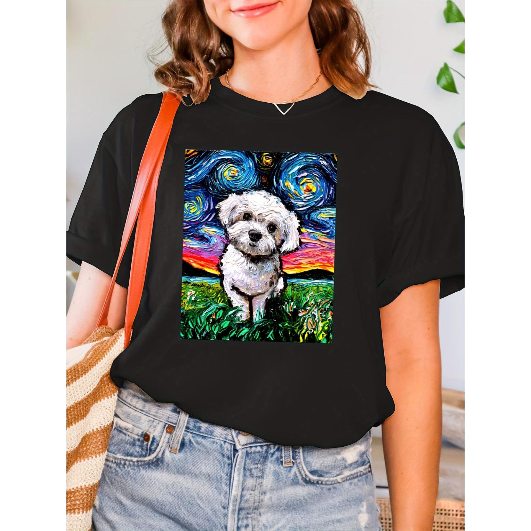 

Maltese Poodle Dog Print T-shirt, Short Sleeve Crew Neck Casual Top for Summer & Spring, Women s Clothing S чёрный