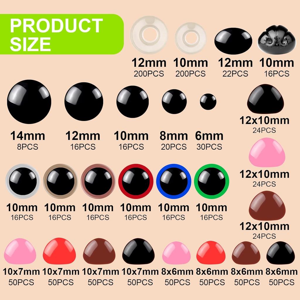 1000 Pcs Safety Eyes and Noses for Crochet and Plush Animal Making Assorted Sizes Plastic Amigurumi Eyes with Washers for Doll Stuffed Toy Crafts