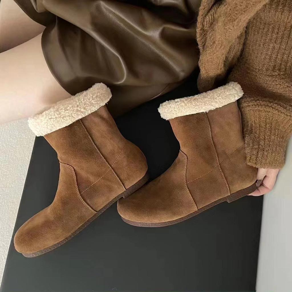 Two-wear leather snow boots women's winter 2025 new retro lamb wool short boots velvet cotton shoes
