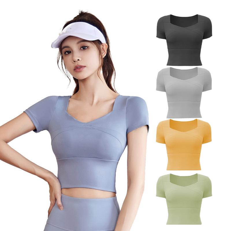 

Рубашка для йоги, женская футболка для фитнеса с короткими рукавами, укороченный топ для спортзала, тонкие футболки для тренировок, бега, топы для тренировок, быстросохнущий топ для йоги