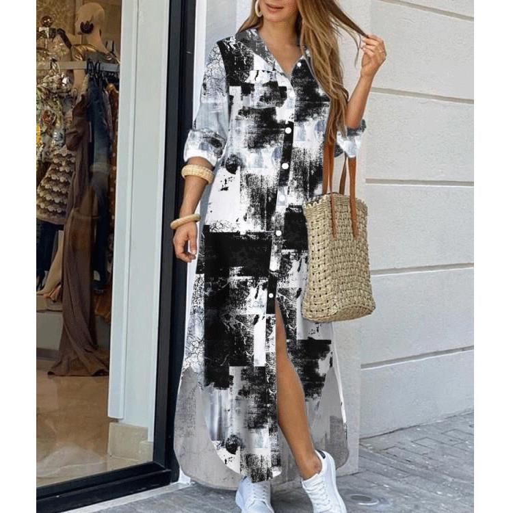 2025 European & American Women's Spring/Summer Fashion Print Maxi Shirt Dress