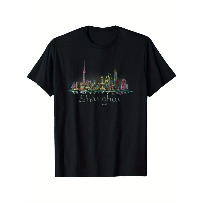 Men's Shanghai China Night Skyline T Shirt Black with Illuminated Oriental Tower Pudong Design Stretch Fabric Relaxed Fit Crew Neck All Season Casual