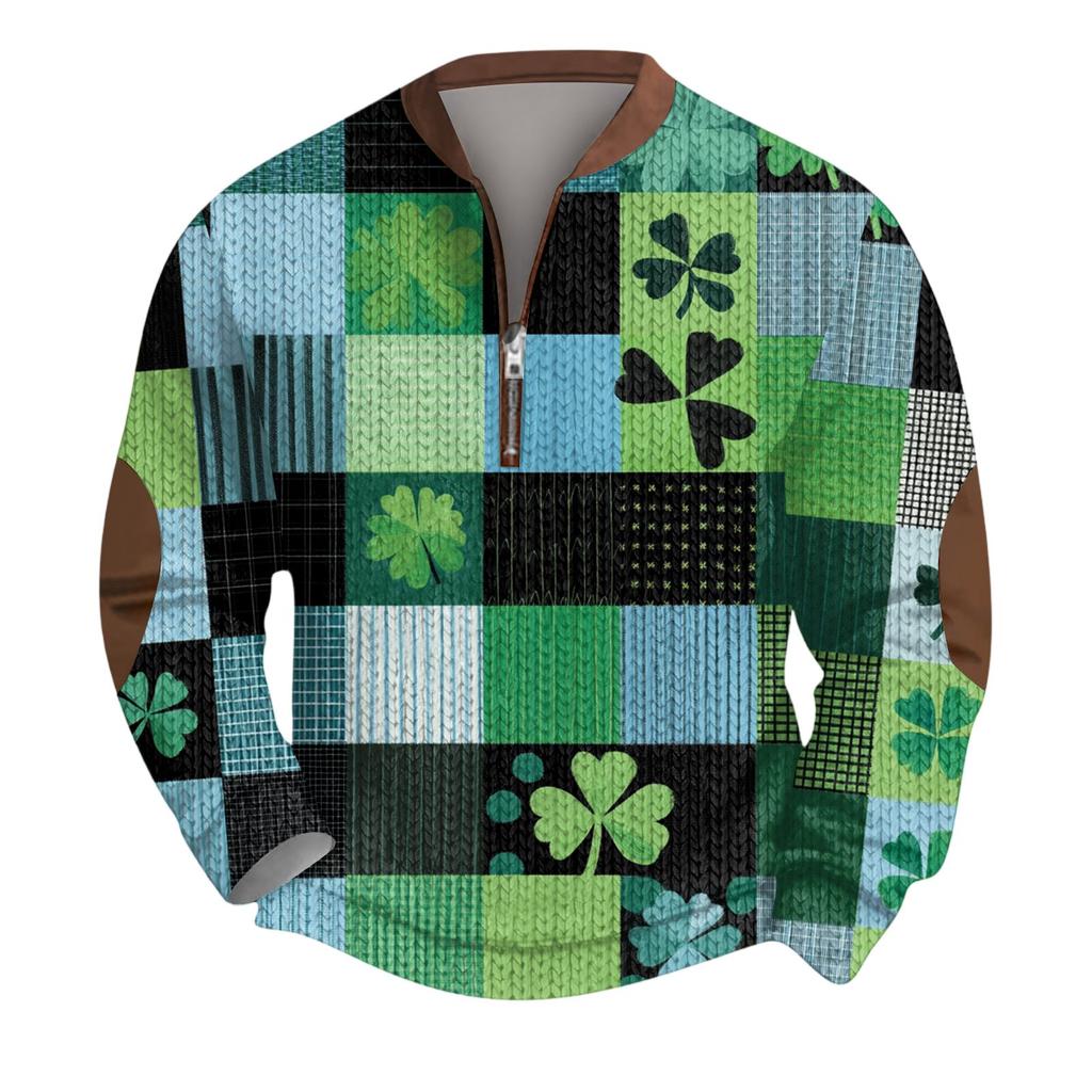 Mens Christmas Sweater Zip Up Sweatshirts Vintage Knit Graphic Sweatshirt St. Patrick's Day Stand Collar Pullover