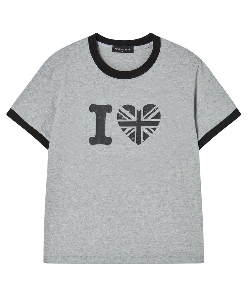 AWESOME STUDIO Heart Ringer Color Block Short Sleeve T-Shirt Melange Gray