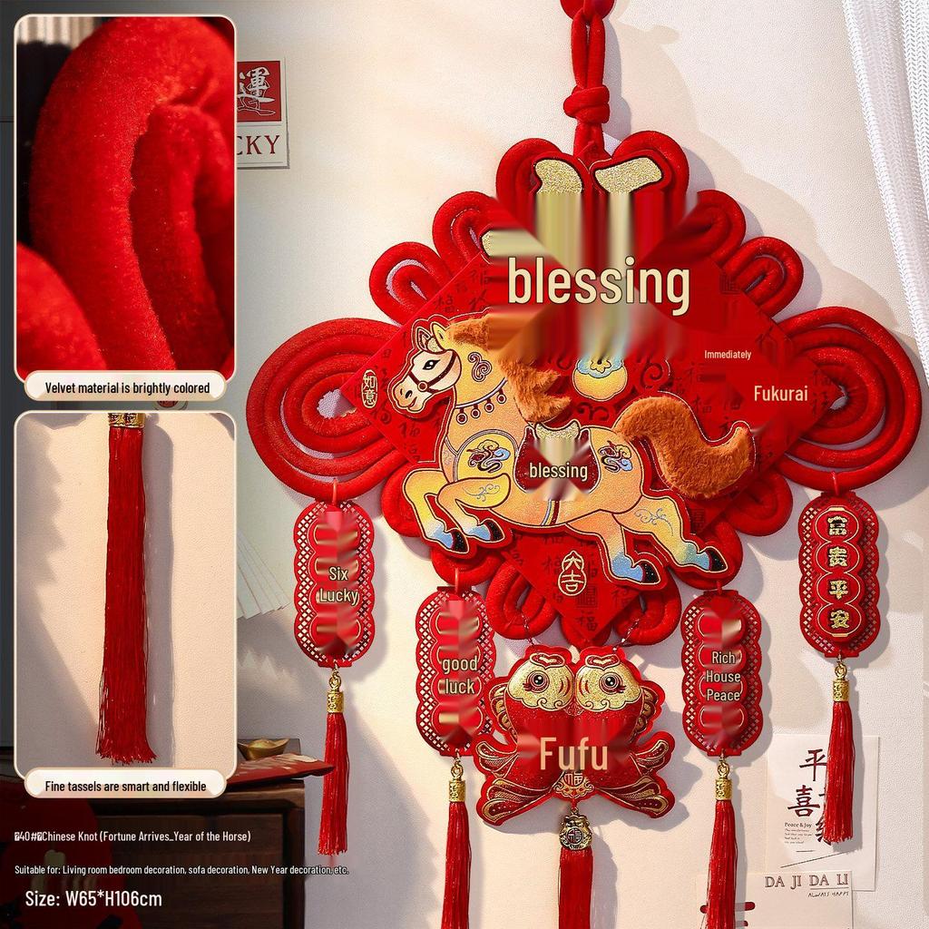 2026 Year of the Horse Fu Character Chinese Knot Pendant - Plush New Year Decoration for Entryway and Living Room
