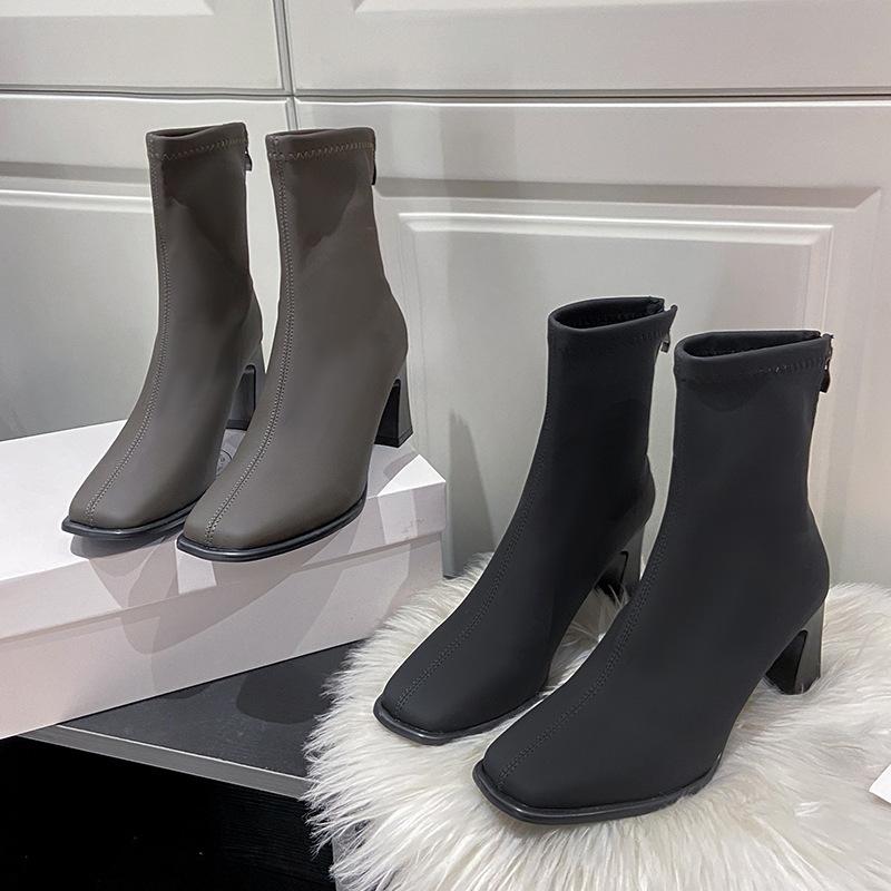 Martin Boots Women's Autumn 2025 New Square Head Thick Heel Elastic Zipper Thin Boots High Heels Short Boots Women's Boots