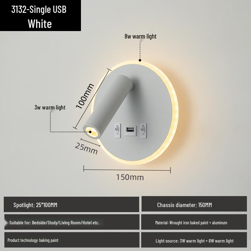 Applique Murale LED Ronde Minimaliste avec Interrupteur et Port de Chargement USB pour Chambre à Coucher Lecture