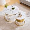 WF319028AAA) Moderner Kaffee-Tisch-Set, Hochglanz-Set, Marmorfurnier Beistell-Tisch-Set, Runde Beistelltische, Set aus 2, Goldfarbener Rahmen