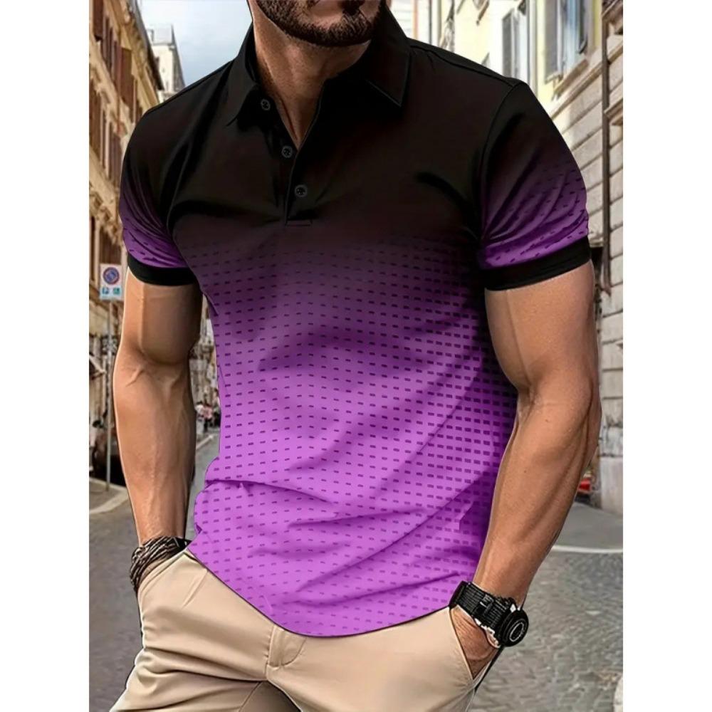 Summer Color Blocked Gradient Top, European and American Daily Casual Lapel Short Sleeved Polo Shirt for Men