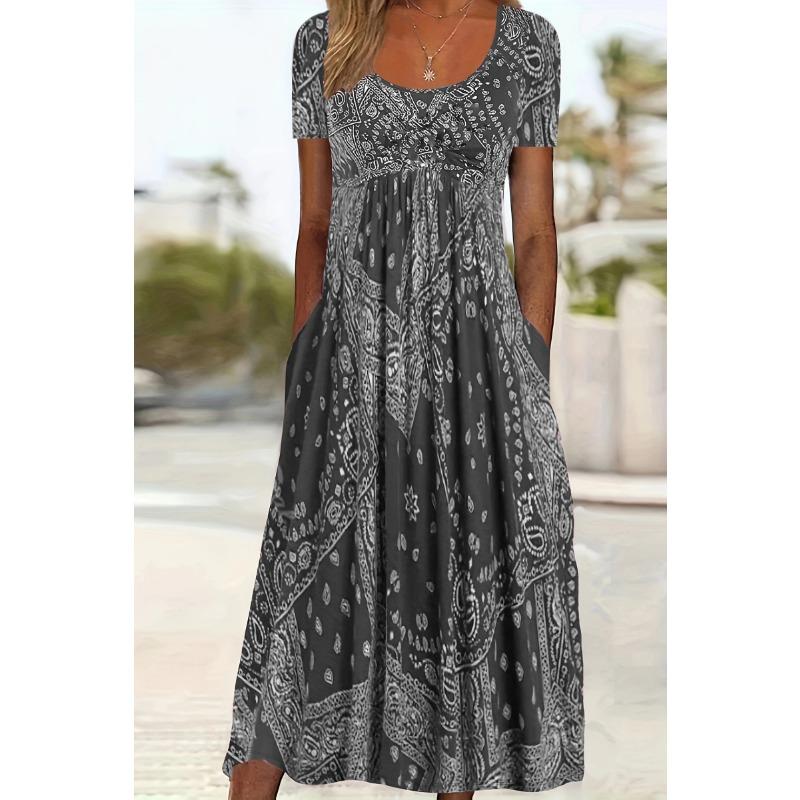A New Summer Dress with A Mid-waist, Short Sleeve, Round Neck and Retro Printed Style, Featuring A Comfortable and Casual Pullover