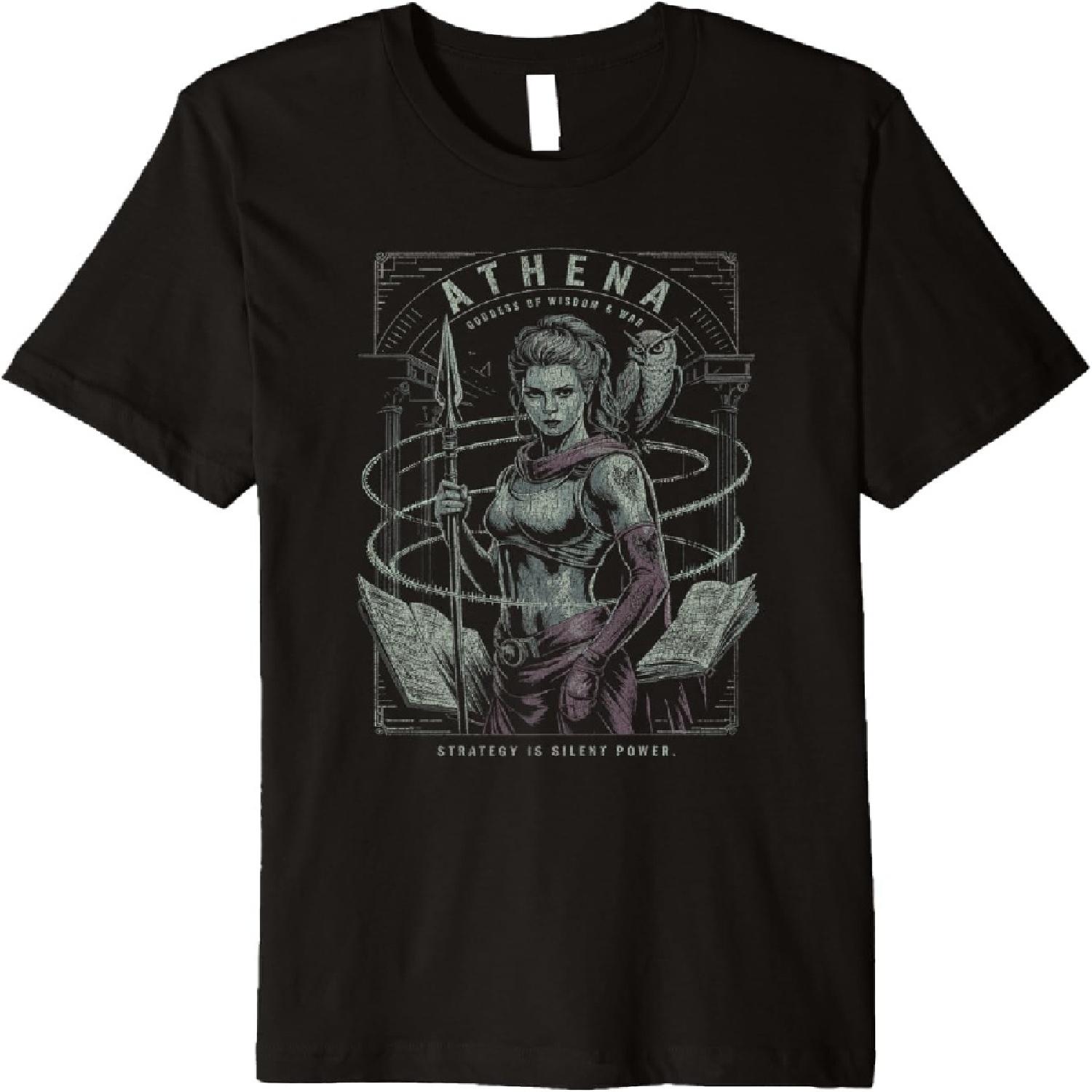Athena with Owl and Spear Ancient Wisdom and Strategy Art Premium T-Shirt S