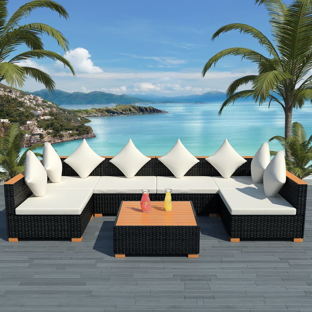 7 piece garden lounge set with cushions poly rattan black