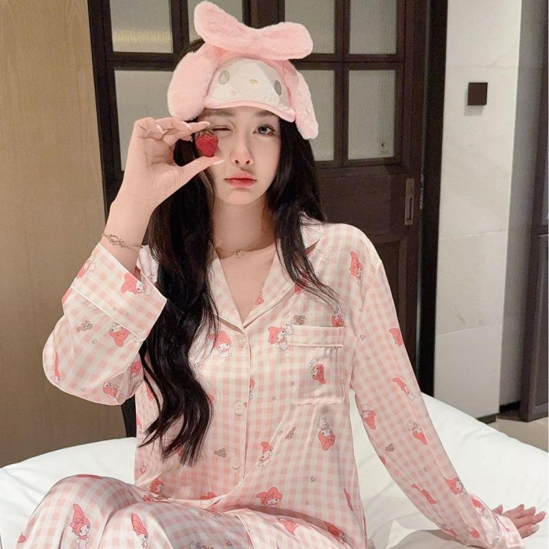 11 Years of Autumn and Winter High-end Ice Silk Pajamas Women's Sweet and Cute Pink Bunny Thin Loungewear Can Be Worn Outside the Set