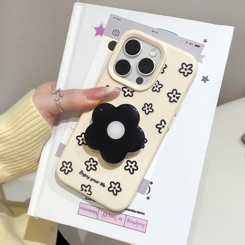 Applicable to iphone16/17Promax all-inclusive anti-drop mobile phone case Apple 15/14 black flower bracket protective case 13