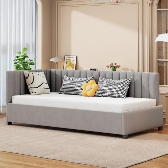 Low Daybed Upholstered Sofa Bed 90x200CM Slatted Frame Velvet Fabric Sleeping Couch Modern Grey Beige Living Room Single Day with Sponge Filling