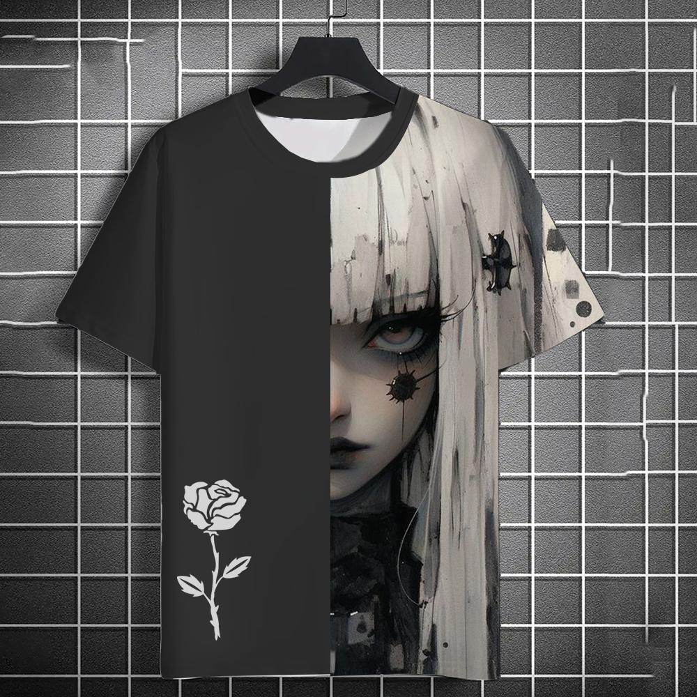 Summer Anime Girls Rose 3D Print T-Shirts Streetwear Men Fashion Oversized O-Neck Short Sleeved T Shirt Tees Tops Clothing